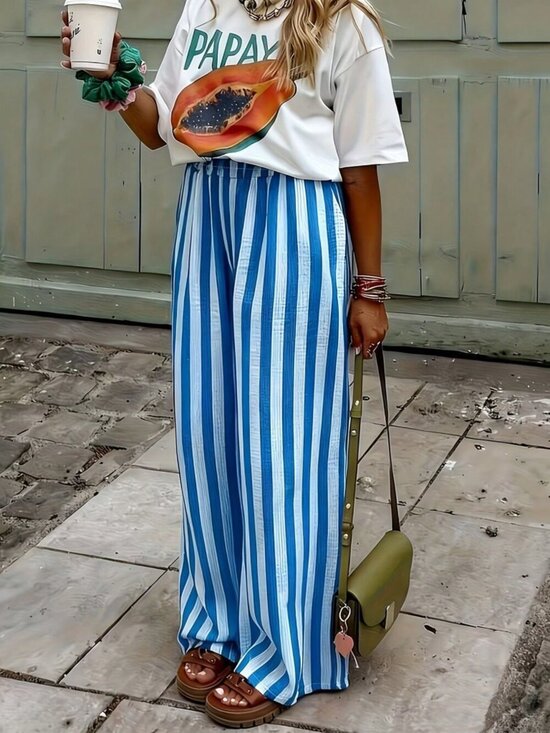 Pants - White Casual Women's Striped Woven Wide Leg Beach Pants